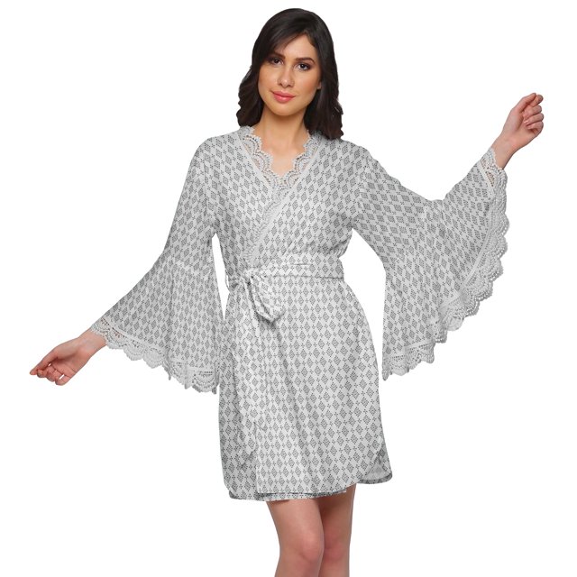 Moomaya Robe Courte Imprimée pour Mariée en Préparation, Manches Évasées, Peignoir, Portefeuille pour Femmes