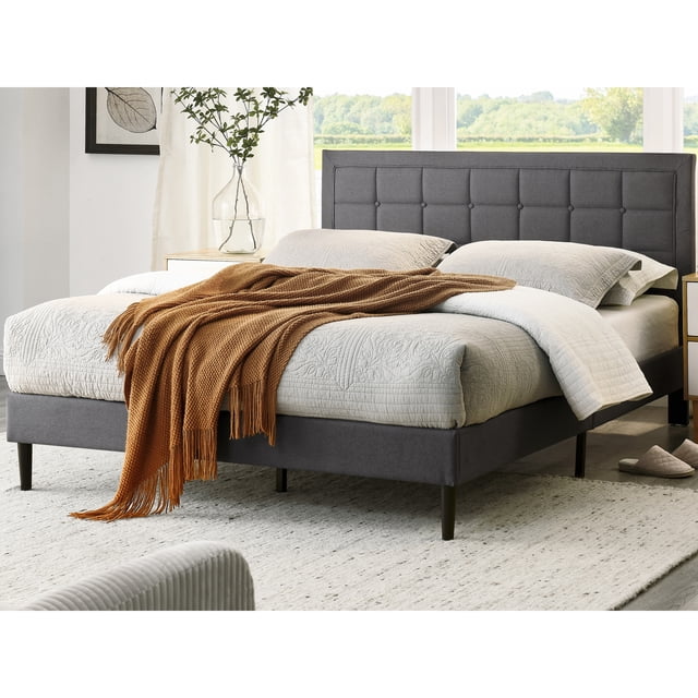 DeCoro Mornington Upholstered 2.0 Platform Bed w/ Metal Frame, Light Grey, Full