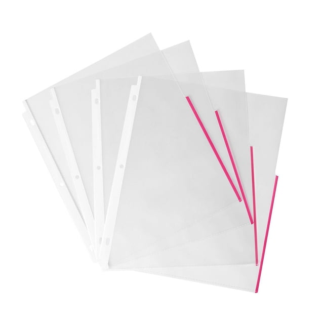 Pen+Gear Sheet Protectors with clear plastic sleeves and pink coloured edges, letter size 9 2/5 in. by 11 1/5 in., archival safe with no ink transfer, designed to fit 3-ring binders for document protection and organization in office or school.