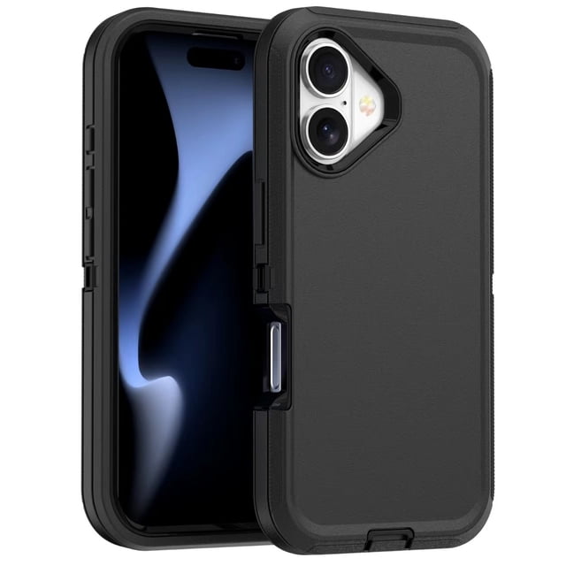 PST iPhone 16 Étui Protecteur Rigide, Antichute à Trois Couches Antichoc Robuste, Étui Protecteur Rigide avec Fini Noir. l'Étui Présente une construction Blindée 3-en-1 avec Bords Surélevés et une Étui Intérieure pour une protection à Trois Couches. Il Comprend des Découpes Précises pour les Boutons, les Commandes et les ports, avec une Prise Antipoussière pour le port de Chargement. Conçu pour Protéger contre les Chutes, les Égratignures et la Poussière, Il Présente des Coins Renforcés pour une Durabilité Accrue. Montré dans une Vue avant et Arrière Mettant en Valeur
