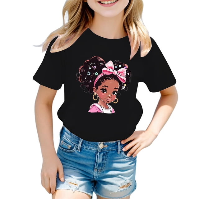 PMVFHDE Hauts d'Été pour Filles Hauts pour Fille Hauts d'Été pour Fille T-Shirts d'Été Tendance pour Fille T-Shirts Graphiques pour Filles T-Shirts Graphiques pour Enfant T-Shirt Graphique à Col Rond à Manches Courtes pour Fille T-Shirt d'Été Noir, 3-4 Ans
