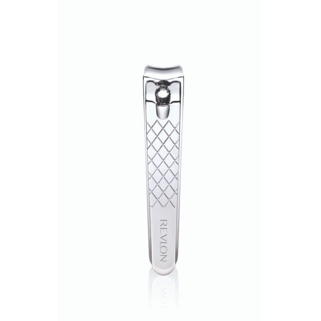 Revlon Toenail Clipper With File featuring polished stainless steel curved blades for accurate trimming and diamond-patterned grip, lever-action design for easy control, shown front-facing on white background, ideal for shaping and smoothing toenails.