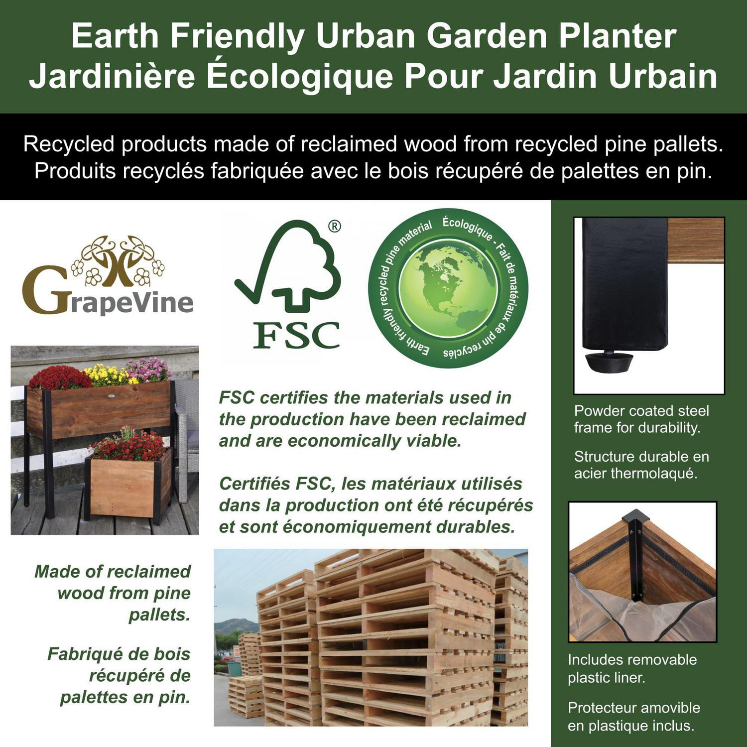 Jardinière Grapevine de 24 po en bois recyclé FSC avec roulettes