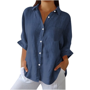 Long Sleeve Linen Shirt - Classic Button-Down Blouse (Black/White/Navy, S-XXL) | Yubnlvae | Women Button down Shirts Cotton Linen Blouse Tops Long Sleeve Collar (Navy | M)