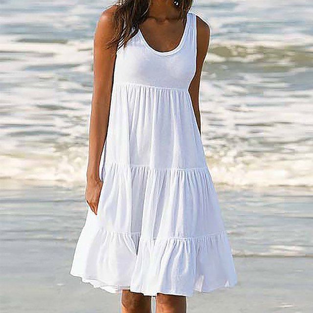 DPTALR Women's Holiday Summer Solid Color Sleeveless Party Beach Dress
