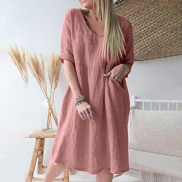 FcBaudy Robe à Manches Courtes Col Rond Longueur Genou, Robes d'Été pour Femmes, Robes Décontractées pour Femmes Couleur Unie Manches Trois-Quarts Col en V Longueur Genou Robe pour Femmes