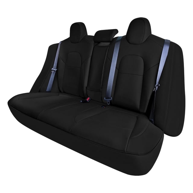 For 2017-2024 Tesla Model 3 FH Group Faux Leather Custom Fit Car Seat Covers in black, rear set. The image shows a precision-cut rear seat cover tailored for the Tesla Model 3, featuring deluxe faux leather material that is water-resistant and soft to the touch. The design includes a split rear seat cover to accommodate the 60/40 split bench and access the center console. The covers are airbag compatible and backed with cushion foam for added comfort. Seat belts and headrests are visible, showcasing the snug fit.