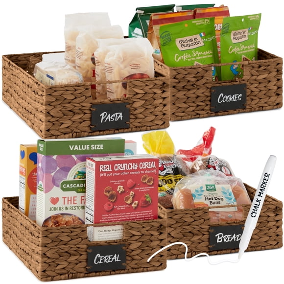 Best Choice Products Set of 4 16x12in Woven Water Hyacinth Pantry Baskets w/ Chalkboard Label, Chalk Marker - Chestnut
