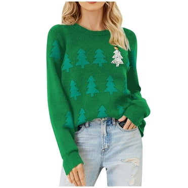 Chandail de Noël pour Femmes Graphique Arbre de Noël Manches Longues Col Rond Tricoté Hauts chandail Chandail Cadeaux de Noël