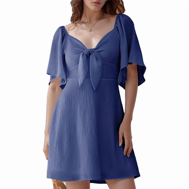 Robes pour Femmes Printemps Été Décolleté en V Profond Élégante Robe Courte à Nœud Bleu Marine P