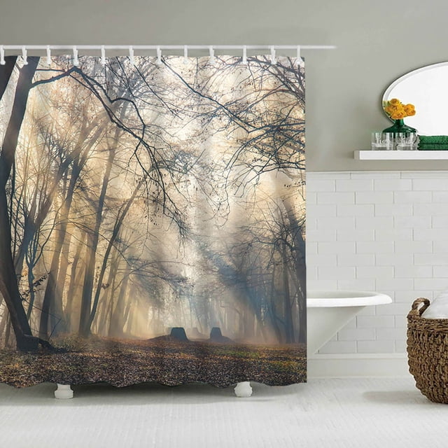 EGNMCR Rideaux, Rideau de Douche en polyester Imprimé avec Conception Anti-Moisissure, Mesurant 150x180 cm. Présente une Scène Forestière Sereine avec la Lumière du Soleil Filtrant à Travers les Arbres, Améliorant la Déco de la Salle de Bain. Idéal pour Prévenir les Éclaboussures d'Eau et Maintenir une Zone de Douche Propre. Comprend 12 Trous pour une Suspension et un Retrait Faciles, Convient au Lavage à la machine Ou à la Main.