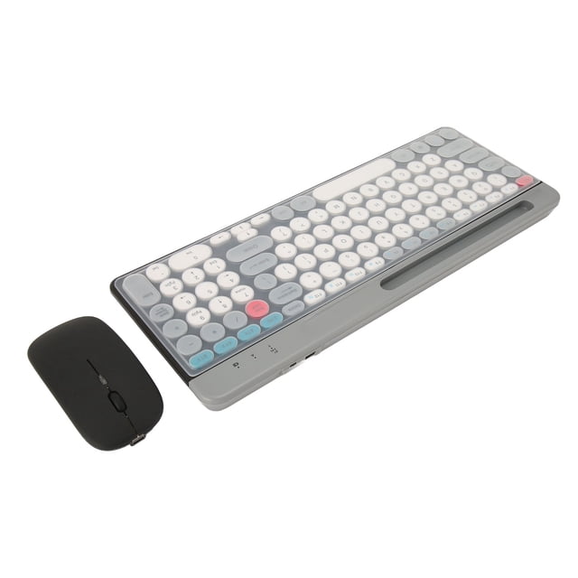 2.4G Keyboard Mouse Set, a wireless keyboard and mouse combo designed for gaming and productivity. The compact retro keyboard features 100 round keycaps with a service life of over 10 million presses, while the wireless mouse offers adjustable DPI settings of 1000, 1200, and 1600. Both devices include built-in 400mAh lithium batteries and support dual modes, including 2.4G wireless connectivity. Compatible with PCs, laptops, and other devices, allowing up to four simultaneous connections. Package includes a keyboard protector, charging cable, and 2.4G receiver.