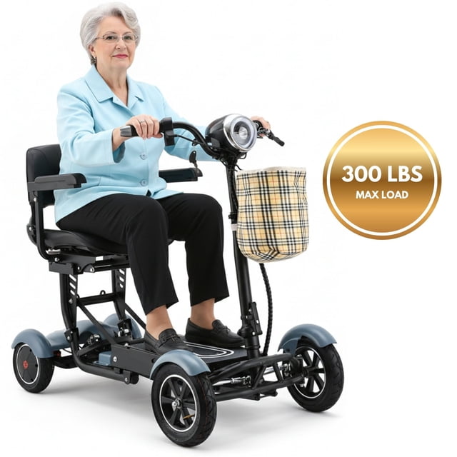 Durable Heavy Duty 4 Wheel Mobility Scooter for Seniors & Adults in matte sky blue. This compact electric wheelchair features a wide premium leather seat, adjustable handlebar, LED headlights, brake lights, and a 300 lbs weight capacity. Foldable design with double seats for added comfort, ideal for mobility aids and everyday use.