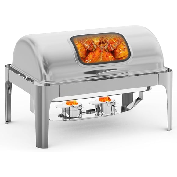Garvee Chafing Dishes for Buffet 9 QT, with Roll Top & Glass Window, Full Size, Silver.