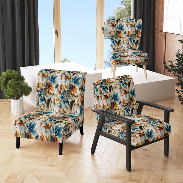 Designart "Paisley Gardens With A Rustic Touch In Gold And Turquoise II" Blue Floral Upholstered Accent Chair - Cottage Arm Chair For Living Room