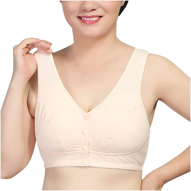 Wireless Comfortable Bra Women Solid Sleeveless Plus Size Lingerie Front Four Button Wide Strap Tank Bra V-Neck Full-Coverage Bra Feature Hook and Eye Closure Push-up Bra Style Y-70 , Beige XL