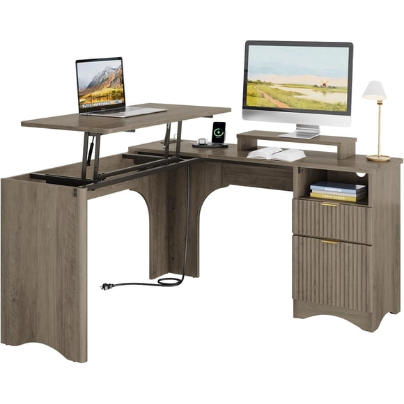 Bestier L Shaped Desk with Lift Desktop, 55 inch Corner Desk with Fluted Panel Deisgn Drawers, Modern Office Desk with File Drawer Grey,