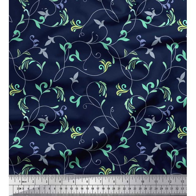 Soimoi Blue Rayon Fabric Artistic Leaves Printed Fabric 1 Yard 42 Inch Wide