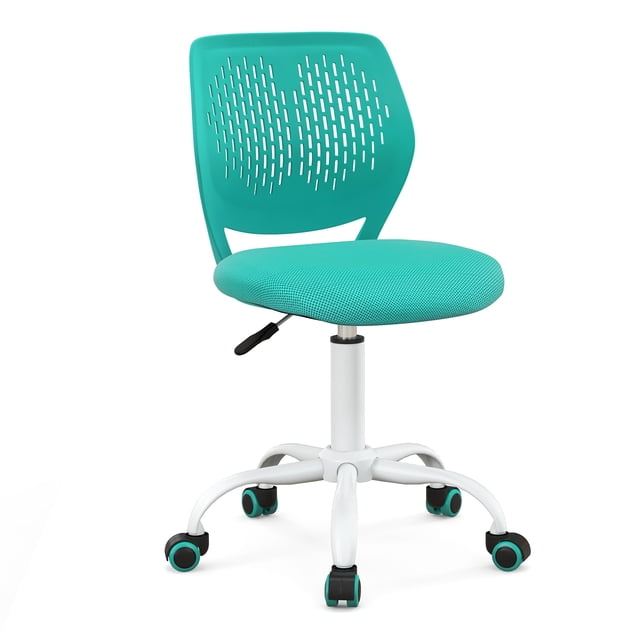 Gymax Kids Desk Chair in turquoise with an ergonomic mesh backrest and padded seat. Features a height-adjustable seat ranging from 16.5'' to 21'', a sturdy 5-claw base with smooth PU casters, and a breathable mesh design for comfort. Suitable for study or home office use.
