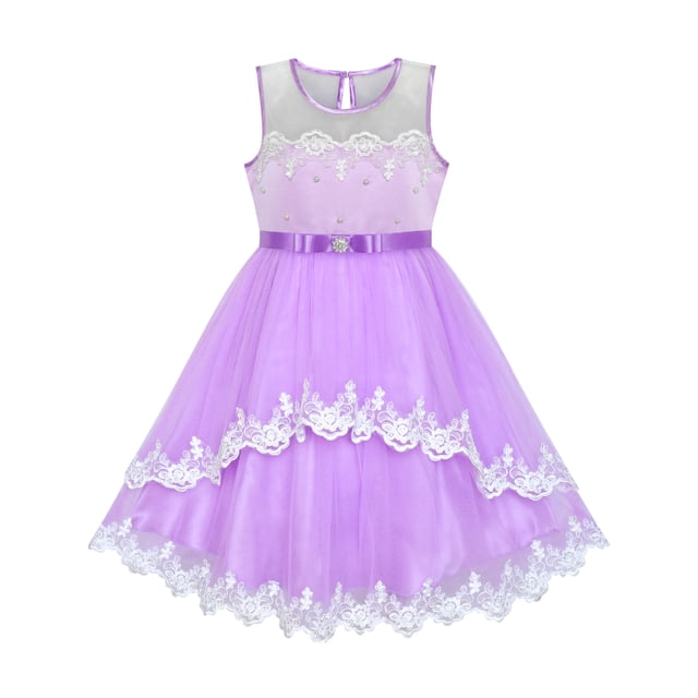 Flower Girls Dress Purple Lace Belted Wedding Party 5 Years