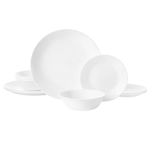 Corelle Winter Frost White 12-Piece Glass Dinnerware Set includes 4 dinner plates (10.25"), 4 appetizer plates (6.75"), and 4 soup/cereal bowls (18 oz) made of durable, lightweight Vitrelle glass, microwave and dishwasher safe, stackable for easy storage.