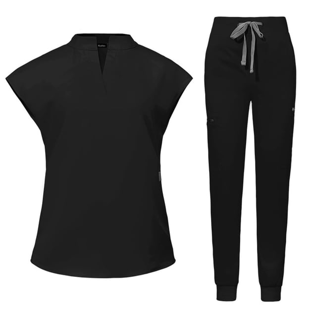 Ensemble de Sarraus pour Femmes, Haut de Sarrau Extensible à Col Montant et Pantalon Jogger à Cordon avec Multiples Poches, Anti-Froissement, Uniforme de Travail Infirmier, Col Montant, Uniforme Confortable, Noir
