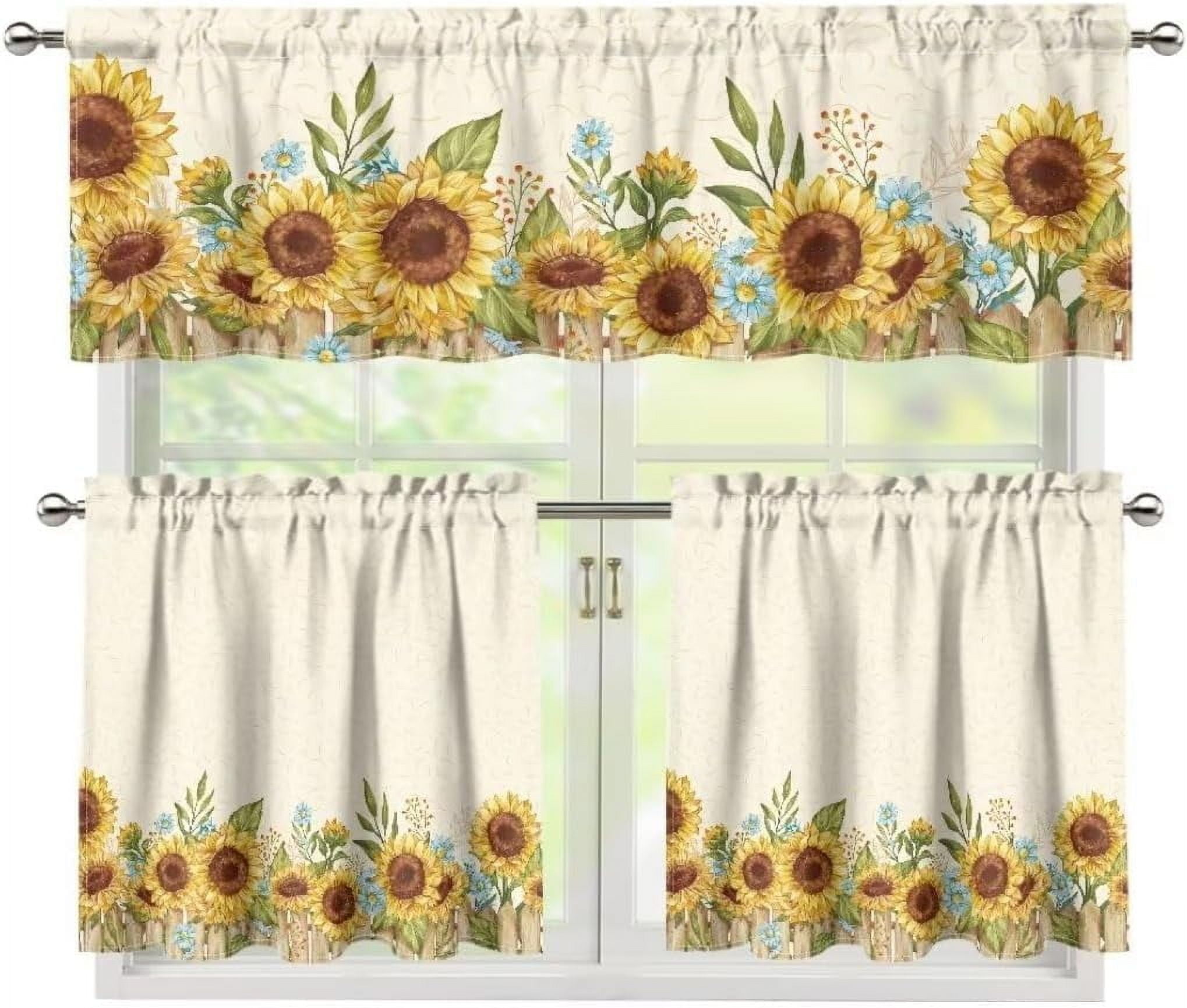 Fall Kitchen Curtain and Valance Set Yellow Sunflower Thanksgiving Cafe Bar Window Curtains Bright Floral Light Filtering 24" Length Tier and Valance for Farmhouse Country 3 Pcs Window Curtain