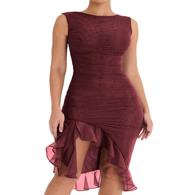 Robe Moulante Sans Manches pour Femmes Tulle Slim Fit Ruched Party Club Mini-Robe