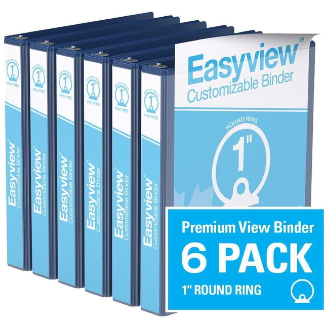 Davis Group Easyview Premium Round Ring Customizable View Binder 6 Pack 1 inch with six blue binders featuring clear overlay covers on front, spine, and back, back-mounted rings for flat page viewing, made of durable PVC-free polypropylene and recycled board, ideal for office and school use.