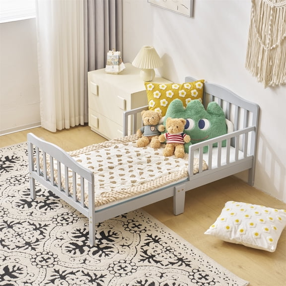 Ktaxon Baby Toddler Bed Solid Wood Bedroom Furniture with Safety Rails Gray