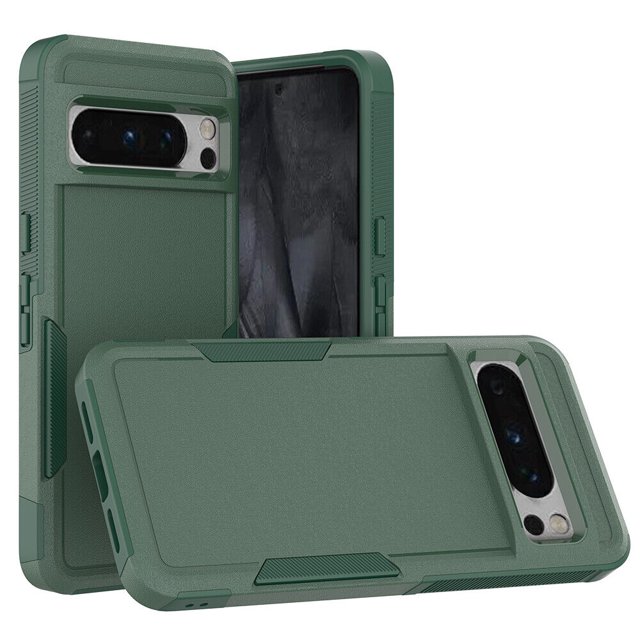 Google Pixel 8 Hard Case, Dual Layers Heavy Duty Rubber Armor Bumper Hard Case Cover in a green finish. The case features a solid PC back cover and soft TPU bumper for dual-layer shockproof protection. It includes a soft geometric inner shell for enhanced shock absorption, four anti-fall airbag corners, and raised edges to safeguard the screen and camera lens. Precise cutouts and tactile buttons ensure easy access to all phone functions.