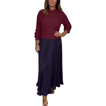 Women's Pleated Dress, Long Elegant Maxi Dress with Round Neck in Solid Color, for Casual and Formal Occasions