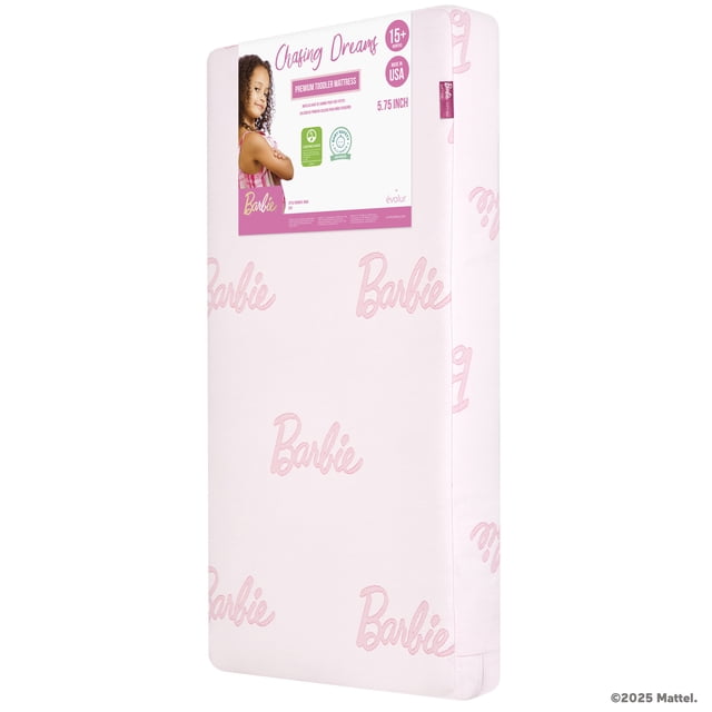 Barbie Chasing Dreams Pink by Dream On Me toddler mattress with light pink jacquard knit cover featuring repeated Barbie logos, standing upright with label showing 5.75-inch thickness, dual-sided firm and soft design, and safety features including water resistance and flame retardancy for baby bedding.