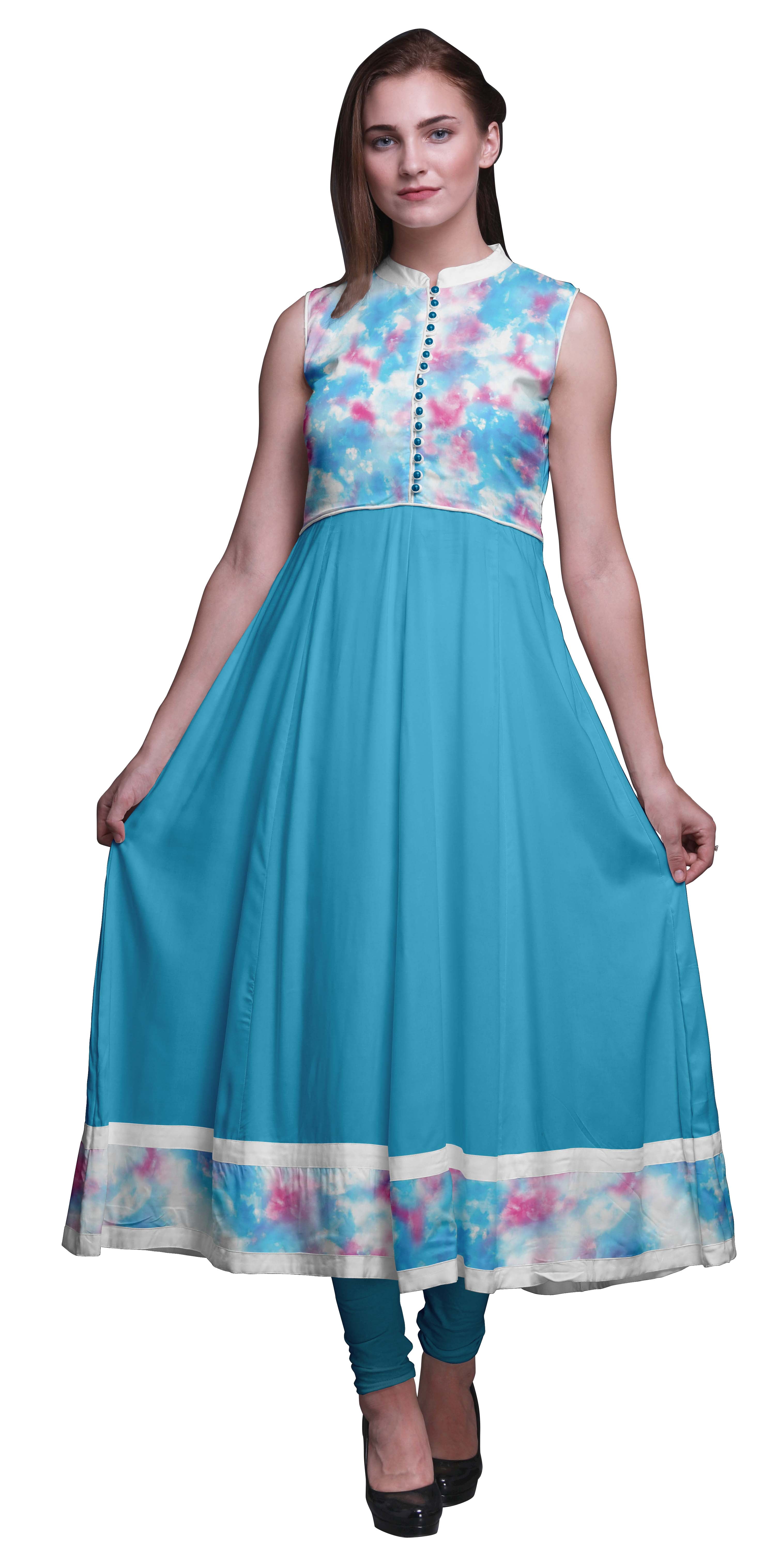 Bimba Robe Anarkali Teinture sur Nœuds Vert Turquoise pour Femmes Kurti Imprimé Ethnique Indien Longue Kurta Robe de Soirée XXX-Large