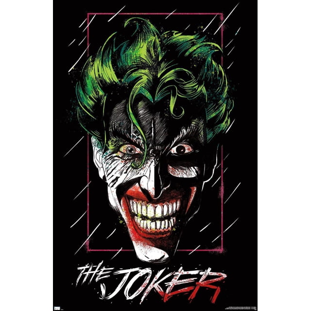 DC Comics - The Joker - Up Close Wall Poster, 14.725" x 22.375" featuring a close-up of the Joker's green hair with detailed brush strokes on a black background framed by a thin red rectangle, with 'The Joker' text in white and red stylized font at the bottom, ideal for wall décor in bedrooms, offices, or dorms.