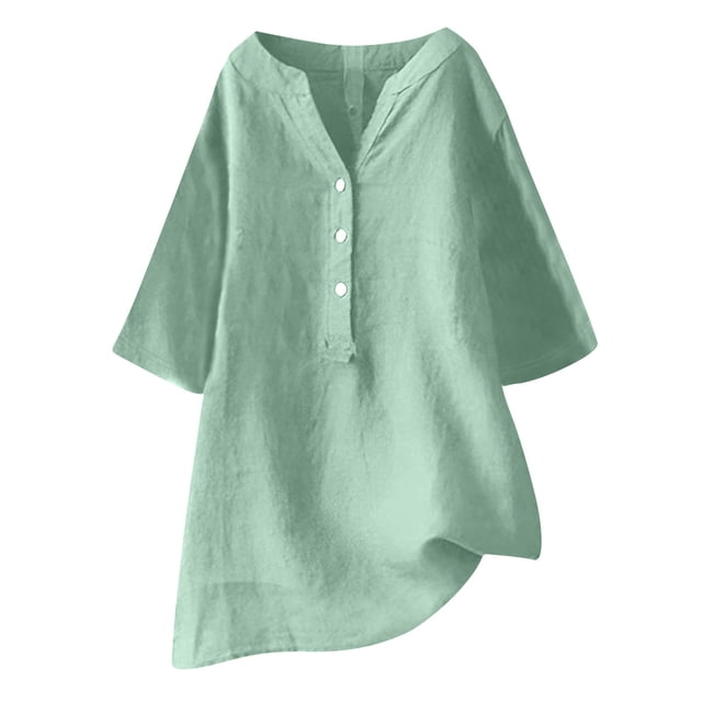 AherBiu Plus Size Tops for Women Cotton Linen Half Button Notch V Neck Oversized Summer Tops Shirt Blouse