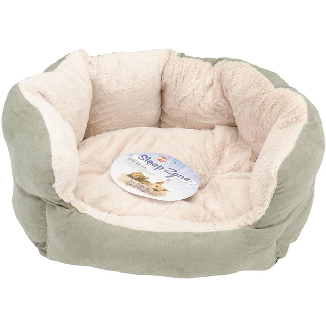 Sleep Zone Reversible Cushion 18" Pet Bed for Cats and Dogs with plush cream interior and green faux suede exterior, featuring durable high walls for deep comfort and support, suitable for pets to relax or cuddle.