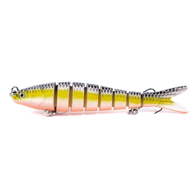 Agiferg 1PC Fishing Lures 10CM Plastic Hard Bass Baits in a segmented fish design with a lifelike yellow and silver scale pattern, 3D eyes, and a smooth diving action. Made of durable PVC and stainless steel, suitable for attracting large fish. Includes one lure with random fish eye color.