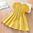 thumbnail image 2 of Yanlir Robe à Boutons à Col Rond pour Filles 2-7 Ans Été à Manches Courtes Mignonne avec Nœud Robe de Princesse pour Occasions Confortables et Polyvalentes (Jaune, 6 Ans), 2 of 7