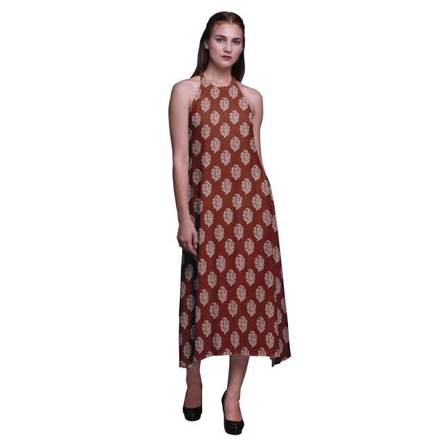 Bimba Block Printed Women Backless Halter Neck Summer Holiday BeachDress-Medium