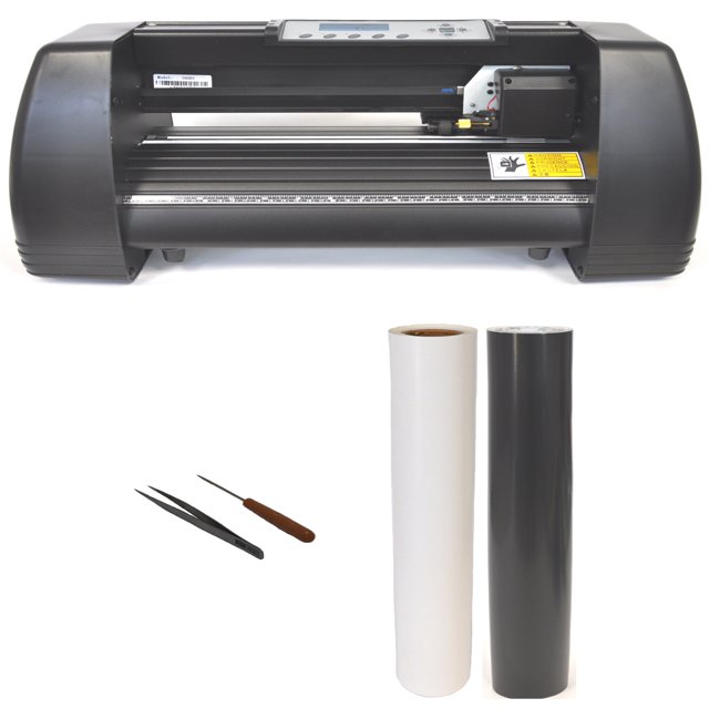 Heat Press Machine Vinyl Cutter Plotter 14 inch 500g Heat Press Transfer PU Vinyl Floor Stand. The image displays a black 14-inch vinyl cutter plotter with an LCD display, silicon gel buttons, and red dot laser positioning. It is designed for cutting various vinyl types, including PU, glitter, metallic, and hologram vinyl. The package includes black and white vinyl rolls and weeding tools, ideal for t-shirt heat transfers, car decals, and window signs.
