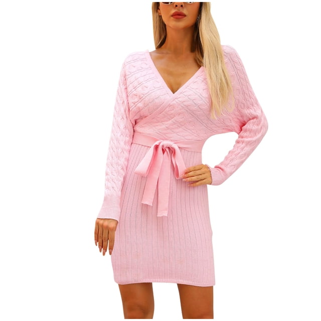cfhntfmh Robes de Mode pour Femmes Hiver Automne Confortables à Manches Longues Portefeuille Robe Chandail à Col en V Détente Tricotée Moulante Robe Mini