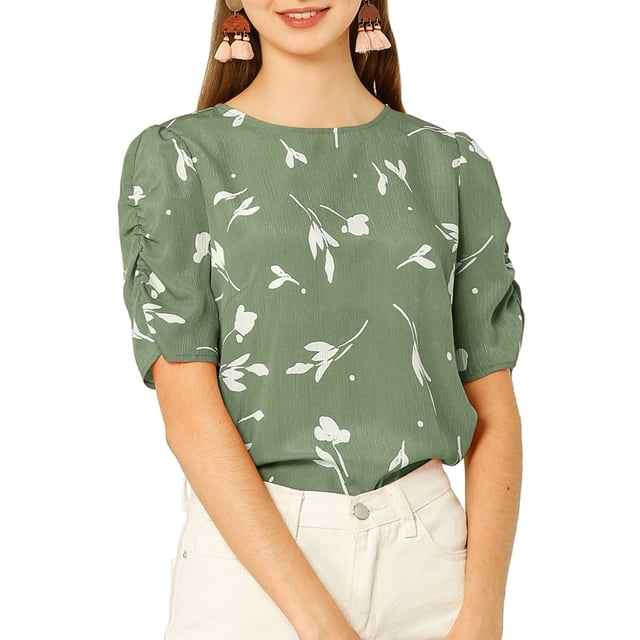 INSPIRE CHIC Haut Floral Élégant pour Femme à Manches Courtes Froncées, Coupe Régulière