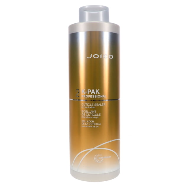 Joico K-Pak Professional Cuticle Sealer Neutralizer, 33.8 Fluid Ounce. A gold-toned bottle with a sleek design, featuring the Joico logo and product details in white text. This pH neutralizer smooths and tightens the cuticle, locks in curl and colour, and restores hair and nail cuticles to their natural pH state. Suitable for reducing pH swelling, removing ammonia and peroxide residues, and enhancing cuticle health.