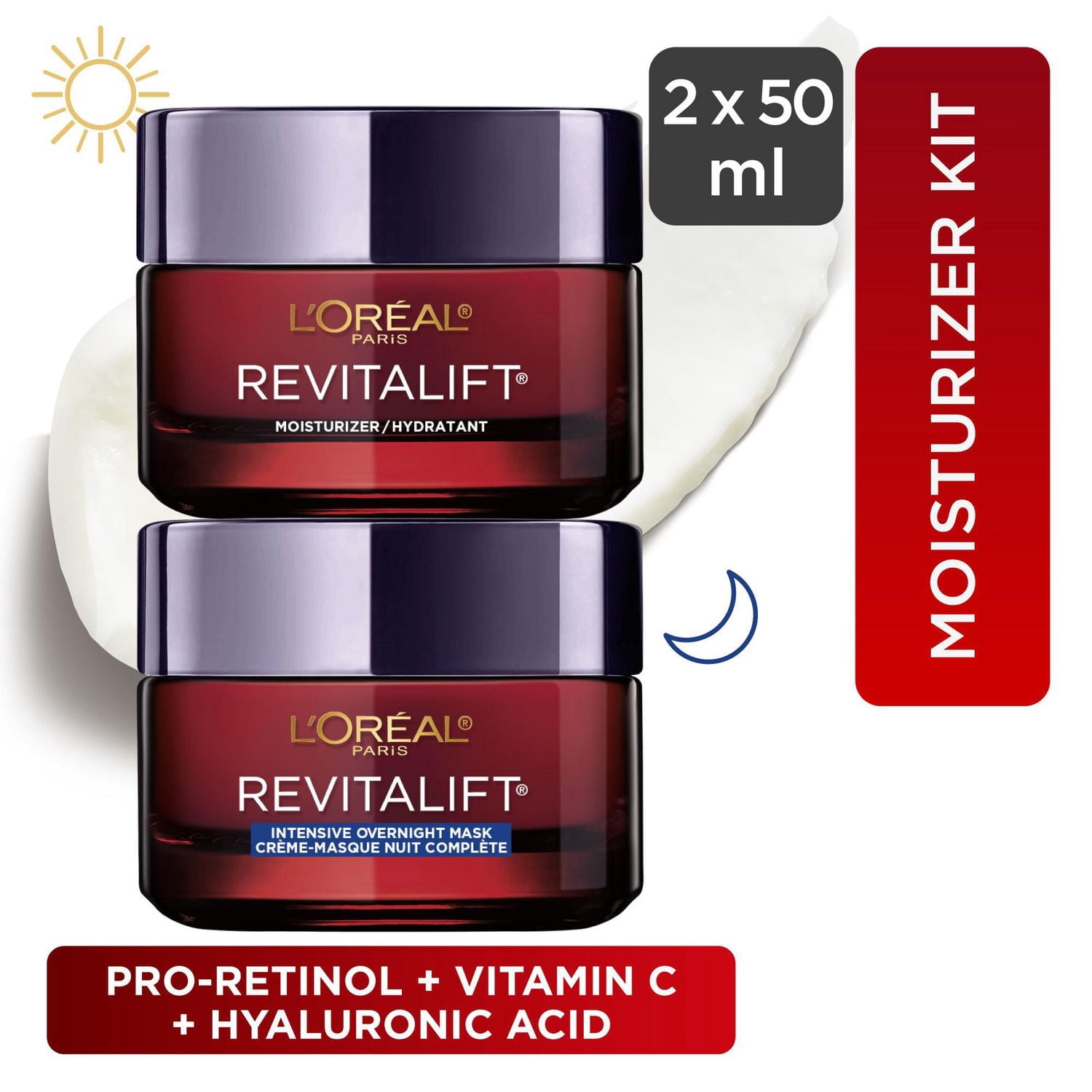 Anti-Aging Moisturizers with Pro-Retinol, Vitamin C + Hyaluronic Acid, Face Cream, 2x50 mL