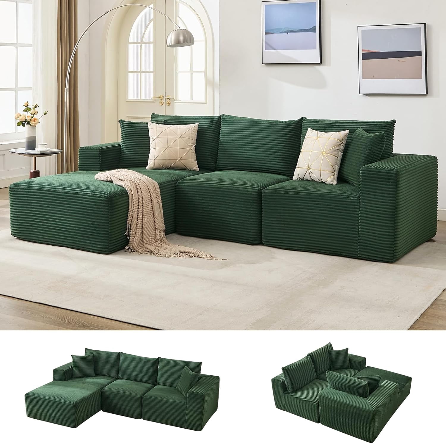 108 in Modular Sectional Sofa, Corduroy L-Shaped Sofa with Deep Seat & Throw Pillows, No Assembly, Comfy Cloud 3-Seater Couch with Chaise, Memory Foam Couch for Living Room, Green