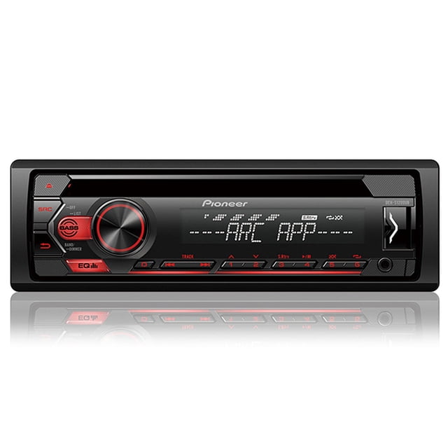 Pioneer DEH-S1200UB CD Receiver with Pioneer ARC App, a car stereo receiver in black with red accents, featuring a digital display and control buttons for audio playback and settings. Designed for automotive audio systems.
