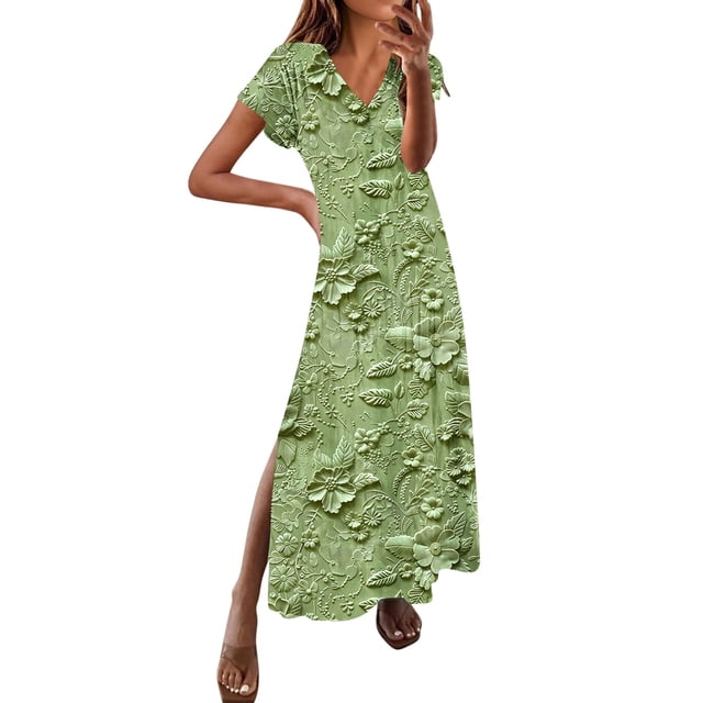 UPPADA Robe Maxi à Col en V pour Femme, Imprimé Floral, Robe d'Été Décontractée à Manches Courtes, Style Bohème, Robe de Plage avec Fente Latérale, Robe de Cocktail pour Fête, Robe Femme Verte, TTTG