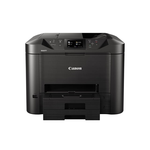 Canon Maxify MB5420 All-in-One Inkjet Printer in matte black, front view showing dual 250-sheet paper trays, 3.5-inch color touch LCD, and control buttons for copy, fax, scan, and print, with WiFi and Ethernet connectivity, ideal for high-volume desktop printing and scanning.