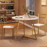 Dining Table Set for 2, Kitchen Table and Chairs for 2, Modern Round Kitchen Table Set, 3 Piece Dining Room Table Set for Small Space, Apartment, Studio, Dinner, Marble White and Gold